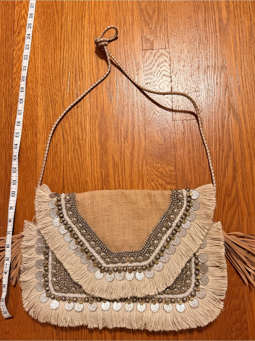 Shashi Boho Fringe With Coins Crossbody Bag, Beige/Gold/Silver- Braided Strap